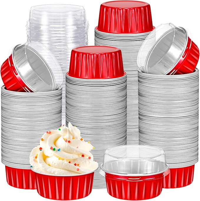 Gejoy 400 Pcs Aluminum Foil Baking Cups with Lids 5 oz Disposable Ramekins Mini Cake Pans Creme Brulee Cupcake Liners Muffin Tins Flan Mold Dessert Container for Wedding(Red,Classic)