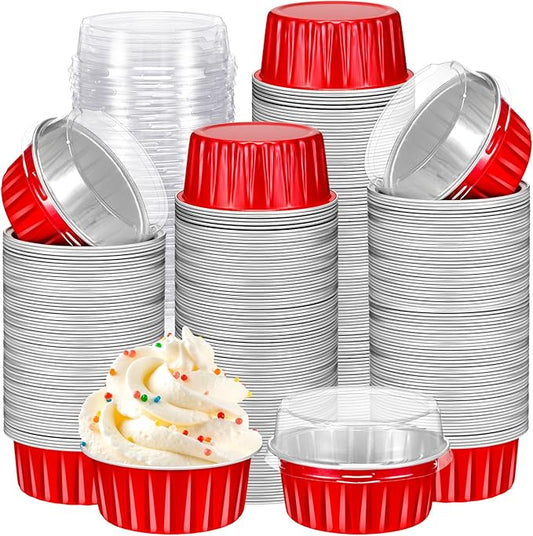 Gejoy 400 Pcs Aluminum Foil Baking Cups with Lids 5 oz Disposable Ramekins Mini Cake Pans Creme Brulee Cupcake Liners Muffin Tins Flan Mold Dessert Container for Wedding(Red,Classic)