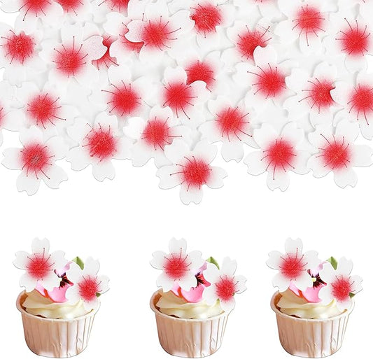 100 Pack Edible Cherry Blossom Flowers Cake Decorations - Cupcake Toppers, Wafer Paper Flowers for Birthday Party Food