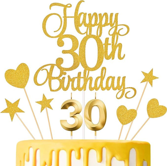 30th Birthday Cake Toppers, 30th Birthday Candles Numeral Candles and Glitter Cake Decorations Toppers Set for Party Supplies (Gold)