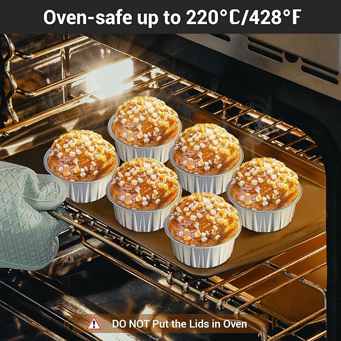 EUSOAR Silver Cupcake Liners, 200pcs 5oz Mini Cake Pans Aluminum Foil Baking Cups with Lids, Cheesecake Muffin Cups, Disposable Dessert Containers Tin for Flan Creme Brulee Souffle Custard Pudding