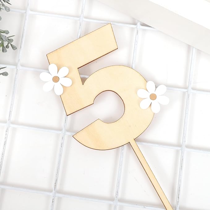 Wooden Daisy Cake Topper For 5th Birthday - Daisy Birthday Party Decor, Retro Groovy Birthday, Boho Birthday, Wooden Cake Decorating Supplies, 5th Anniversary (Daisy 5 Cake Topper)