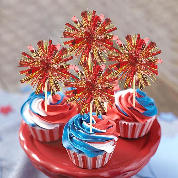 Rsstarxi 30 Pack Foil Firework Cupcake Toppers Sparkle Tinsel Drink Cake Decorations Cocktail Picks for New Years Valentine's Day Birthday Wedding Graduation Party Decorations Gold Red