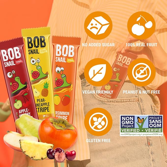 BOB SNAIL Healthy Organic Fruit Snacks for Kids and Adults ??30 Organic Fruit Leather Snacks with Persimmon, Pear-Pineapple,Cherry ??Vegan Low-Carb Variety Pack Strips for Kids ??Sugar Free Jerky Bars