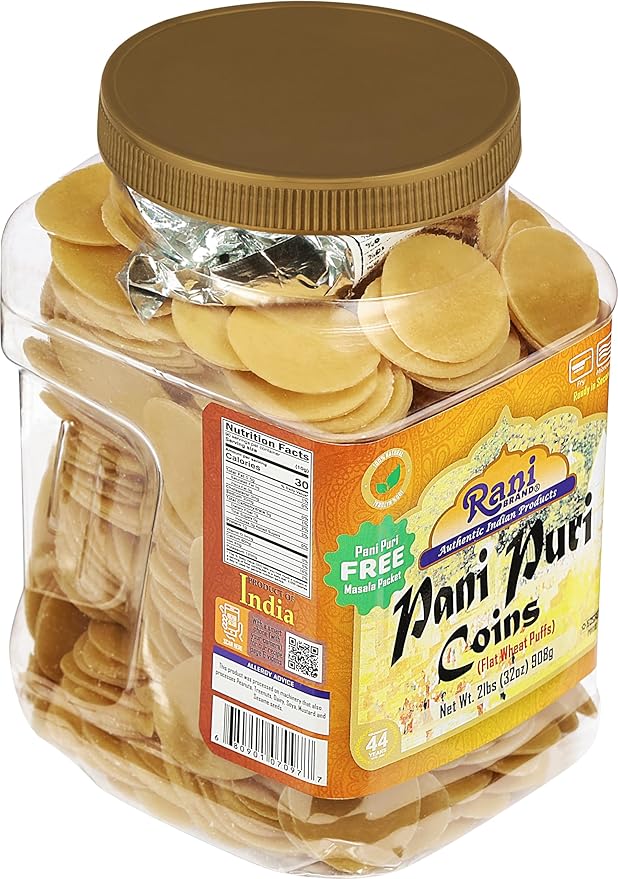 Rani Pani Puri Coins (Uncooked, Microwaveable Wheat Semolina Coins) 32oz (2lbs) 908g w/Pani Puri Masala (14-Spice Blend for Indian Spicy Water) 1.75oz (50g) ~ All Natural | Vegan | NON-GMO | Kosher
