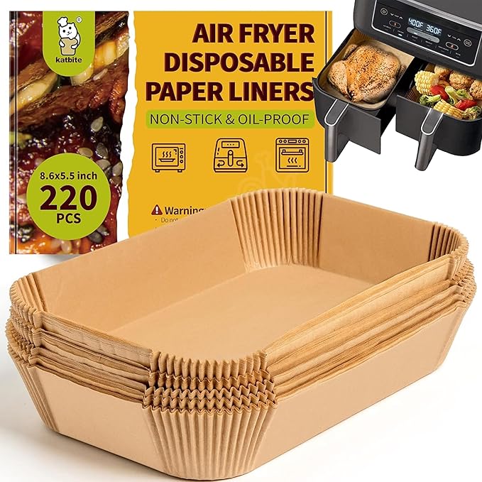 Katbite 220PCS DZ201 Air Fryer Liners Disposable, 8.6x5.5'' Rectangle Airfryer Paper Liners for Dual Air Fryer, Oil-Proof Parchment Paper for Foodi DZ401, FG551