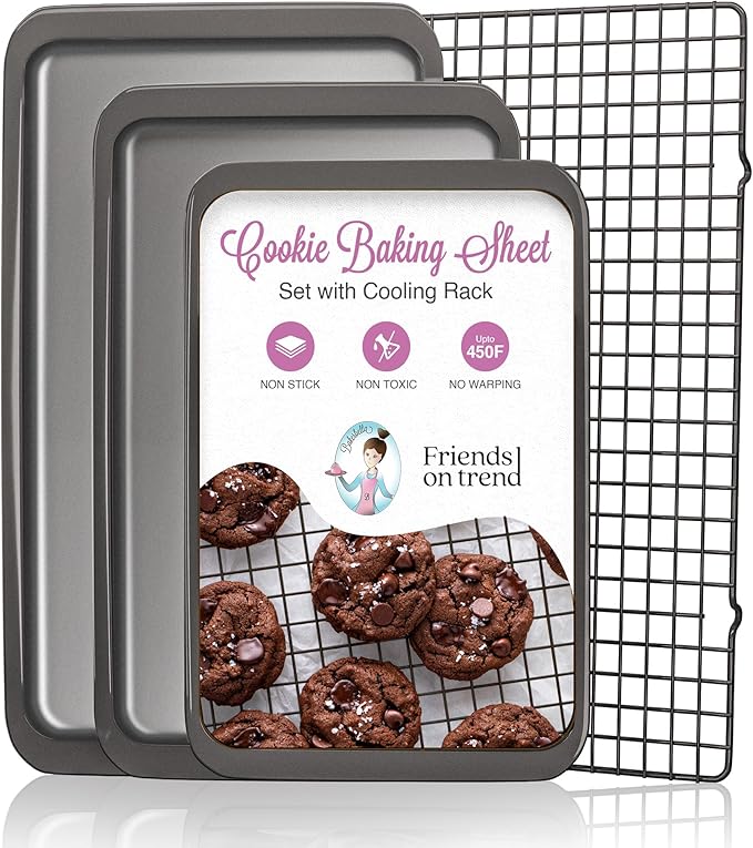 3 Cookie Sheets for Baking + Cooling Rack, Non Stick Baking Sheet Set with Cookie Cooling Rack - Half/Quarter/Jelly Roll Pan with Wire Rack, Sheet Pan Set of 3, Non Toxic Baking Sheets for Oven.