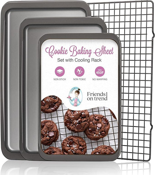 3 Cookie Sheets for Baking + Cooling Rack, Non Stick Baking Sheet Set with Cookie Cooling Rack - Half/Quarter/Jelly Roll Pan with Wire Rack, Sheet Pan Set of 3, Non Toxic Baking Sheets for Oven.