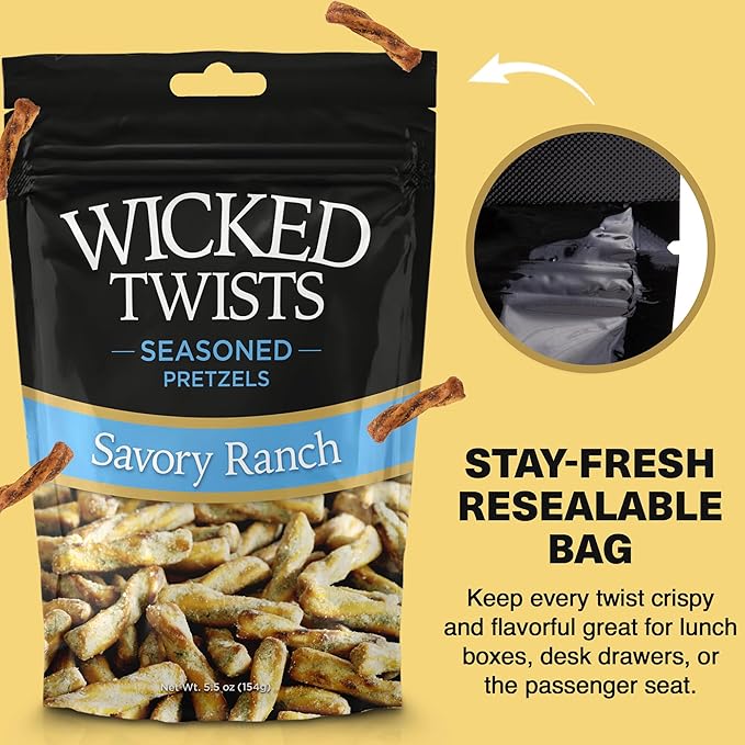 Wicked Twists Savory Ranch Seasoned Pretzels Twists 5.5 oz (1 Pack) Snack Pretzel Sticks Rods, Bold Flavor Snack, Resealable Fresh Pack, Baked Crunch, Party & School-Ready