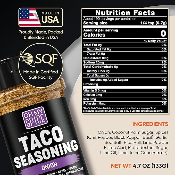 Taco Seasoning Mix Onion Powder - Gluten Free & Low Sodium Mexican Seasoning Blend for Taco Tuesday Night. Onion Salt Spices Mix for Fajita & Burrito. Meat, Chicken & Fish Tacos Seasonings. 4.7oz