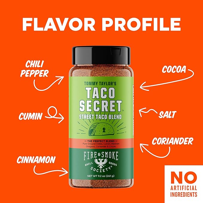 Fire & Smoke Society Taco Secret Taco Seasoning Mix | XLarge Bottle | Fajita Seasoning Mix, Carnitas, Meat, Mexican Spice Blend | MSG Free, Gluten Free, Non-GMO | 9.2 oz