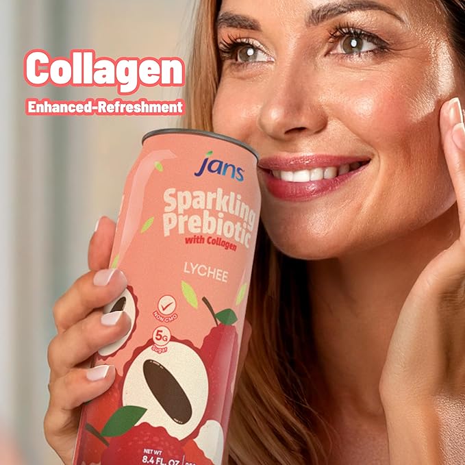 Jans Sparkling Prebiotic with Collagen Soda Beverage ??Lychee 8.4 Fl Oz (6-Pack) ??Low Calorie, NO Added Sugar, Non-GMO Sparkling Fruit Beverage, Gut Health Support