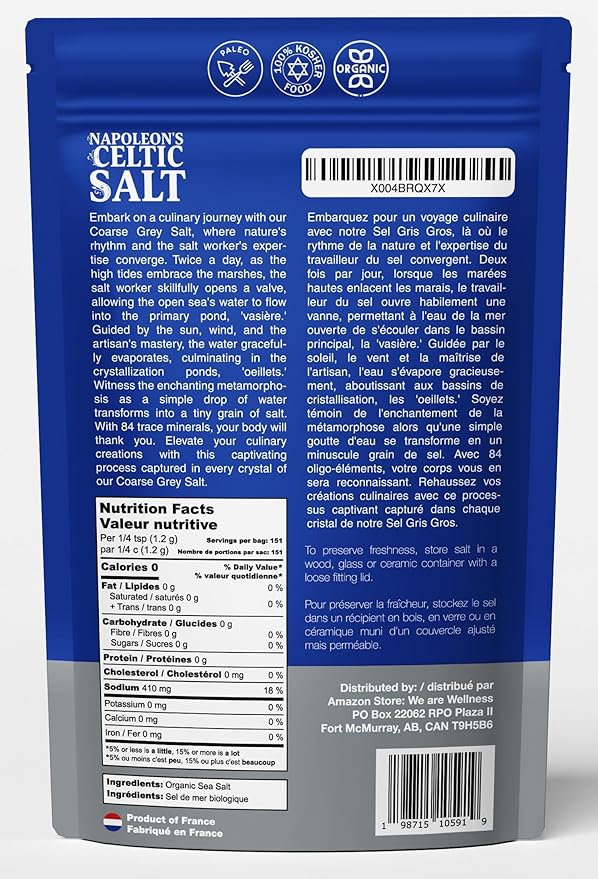 Napoleon's Celtic Organic 82 Minerals Sea Salt Coarse, French Sea Salt, Grey Salt, 1/2lb Resealable Bag, Mineral Rich Unrefined Sea Salts, Naturally Moist, Hand Harvested, Unrefined Mineral Salt, 100% Natural, Sel Gris (0.5lb Grey Coarse) Pack of 1