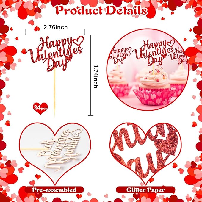 24pcs Happy Valentine's Day Cupcake Toppers with Red Heart Glitter Sweet Love Valentines Cupcake Picks for Engagement Anniversary Valentine's Day Theme Birthday Party Cake Decorations