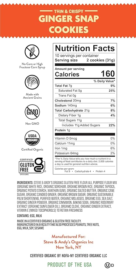 Steve & Andy’s Thin, Crispy & Scrumptious Ginger Snap Cookies - Organic & Gluten Free, Non-Gmo, Nut Free, Wheat Free, Soy Free - 3 Boxes, 16.5 Oz (30 Cookies)