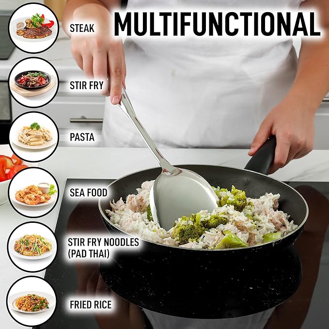 Zulay Kitchen Stainless Steel Metal Wok Spatula - Durable Wok Turner Spatula Shovel - Durable Utensil with Ergonomic, Easy to Use Handle - Easy to Clean, Perfect for at Home Cooks & Chefs - 14.8??,<div>