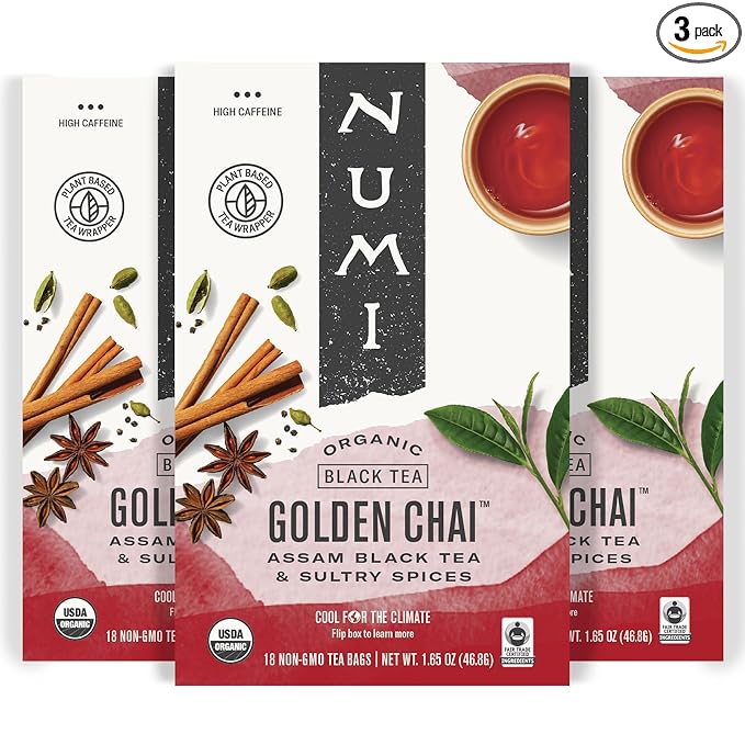 Numi Organic Golden Chai Tea, 18 Tea Bags (Pack of 3) Assam Black Tea, Cardamom, Ginger & Anise