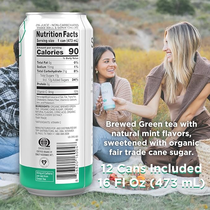 Steaz - Organic Green Tea - Mint (12 Pack) - Antioxidant Brew - 65mg Natural Caffeine, 90 Calories, Vitamin C - Cane Sugar Sweetened Iced Tea - Vegan, Fair Trade - 12 Cans, 16 fl oz (473mL)