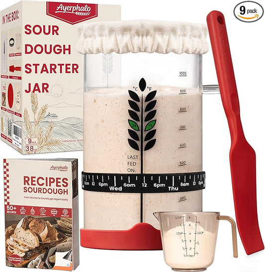 Sourdough Starter Kit - 38oz with Cookbook, Measuring Cup, Spatula, Wide Mouth Jar Cover, Thermometer, Date Marked Feeding Band, Glass Jar for Baker, Bread Baking Supplies