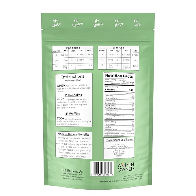 Belly Pancake Mix & Waffle Mix with Collagen Protein | High-Protein | Pancakes & Waffles | Grain-Free Dairy-Free Nut-Free | Healthy Snacks For Adults & Kids | Women-Owned Business | 9.4 oz | 3 Pack