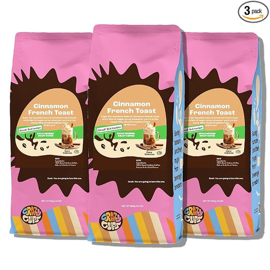 Crazy Cups Flavored Decaf Ground coffee, French Toast Cinnamon Coffee, For Hot or Iced Coffee, 3 Count
