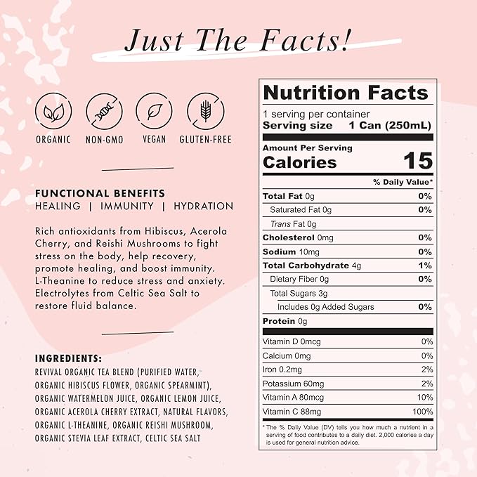 NA Functional Non-Alcoholic Drinks with Mushrooms & L-Theanine | Sea Salt for Hydration | Low Sugar, Low Calorie Adaptogen Social Tonic, Hibiscus Tea and Watermelon Mocktail, 8.4oz Cans (12 Pack)
