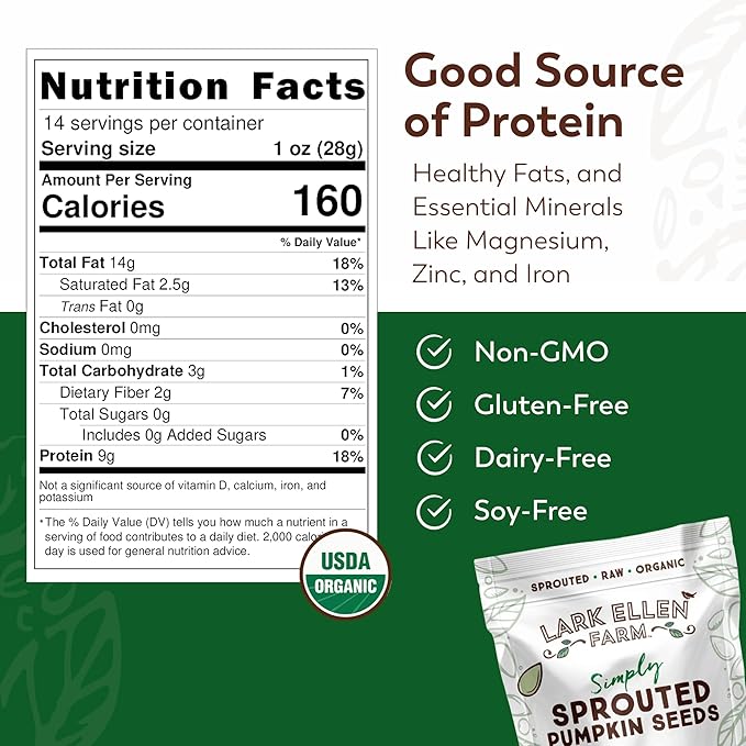 Lark Ellen Farm Sprouted Organic Pumpkin Seeds, Unsalted Raw Pumpkin Seeds Organic, Pepitas, Vegan, Non GMO, Gluten Free, Paleo, and Keto Friendly (14 oz, 6 Pack)