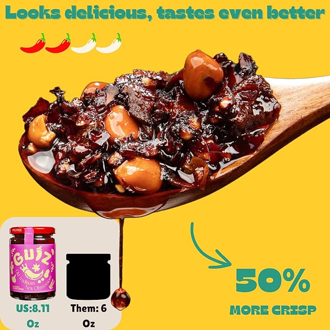 GUIZ Crunch Supreme Extra-Crunchy Guizhou Chili Crisp with Shallots: Boldly Textured, Richly Savory, Perfectly Spiced, Non-GMO, No Preservatives, Great with Noodles, Rice, Condiments & Everything, 8.11 oz (230g)