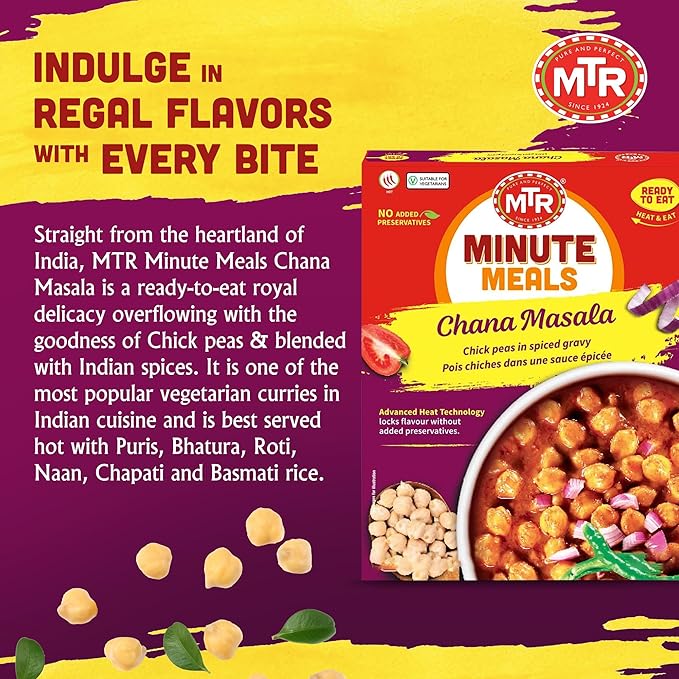 MTR - Minute Meals: Chana Masala - Savory Chickpeas in Spiced Gravy - Authentic Indian Ready-to-Eat Meal - No Added Preservatives - A Quick Meal Suitable for Vegetarians, Ready in Minutes! (Pack of 6)