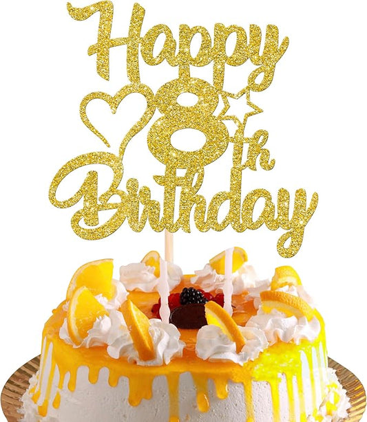 1 Pack Happy 8th Birthday Cake Topper Glitter Heart Star 8 Fabulous Cake Pick Birthday Sign Cake Decorations for 8th Birthday Theme Party Supplies Gold