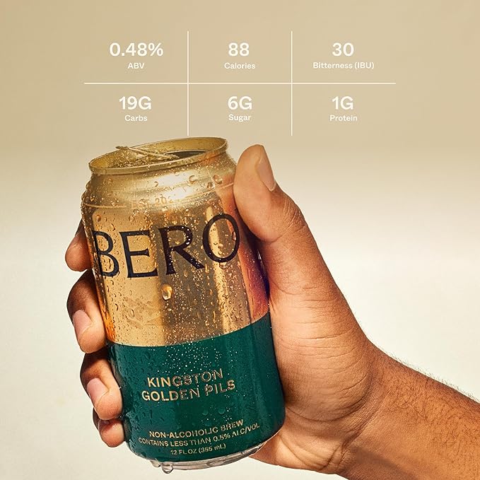 BERO Kingston Golden Pils Non-Alcoholic Beer, 6-Pack Lager-Style Craft Brew, NA Beer by Tom Holland, Golden Taste, Alcohol Alternative Beverages, Drink for Any Occasion