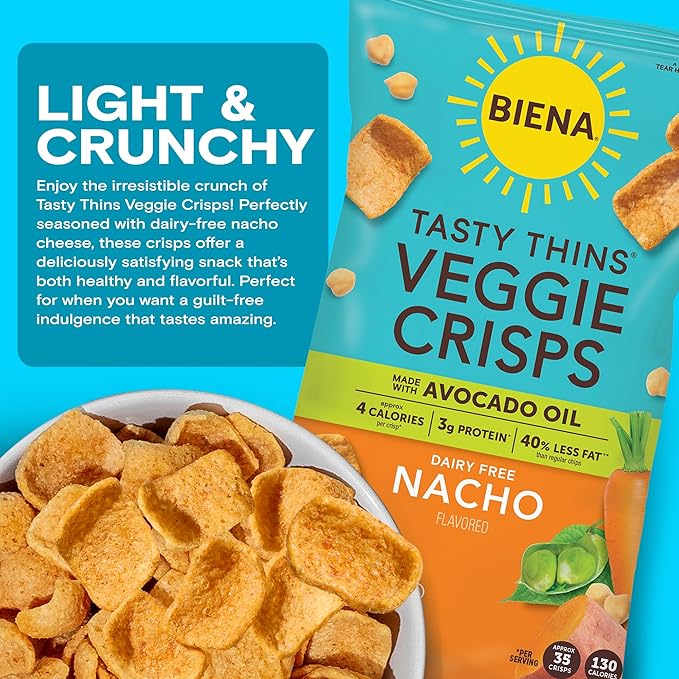 BIENA Tasty Thins Veggie Crisps ??Made with Avocado Oil - Nacho, 4-Pk 4oz Bags ??Chickpeas & Veggies, Vegan, Gluten Free, Dairy-Free, Non-GMO, Allergy-Friendly, Healthy Snacks for Adults & Kids