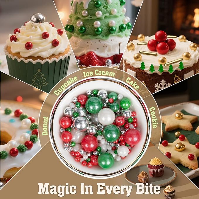 Twisweet Christmas Sprinkles, Edible Pearls for Cake Decorating, Red Green Silver Sugar Sprinkles for Baking, Mix Size Candy Pearls, Cake Topper Ice Cream Cupcake Cookie Toppings Dessert Decorations, Holiday Christmas Party Supplies (130g/4.58oz)