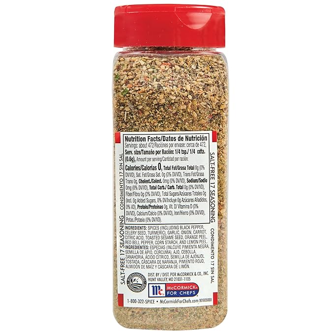 Lawry's Salt Free 17 Seasoning, 10 oz - One 10 Ounce Container of 17 Seasoning Spice Blend Including Toasted Sesame Seeds, Turmeric, Basil and Red Bell Pepper for Seafood Poultry and Beef