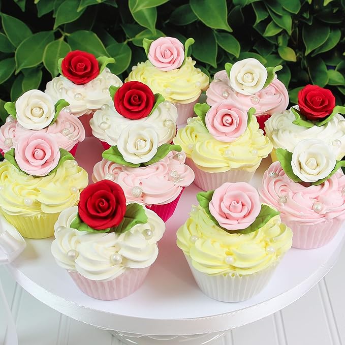 Global Sugar Art Premium Wedding & Party Edible Rose Cake & Cupcake Sugar Flowers, Pink, 24 Count with Leaves by Chef Alan Tetreault