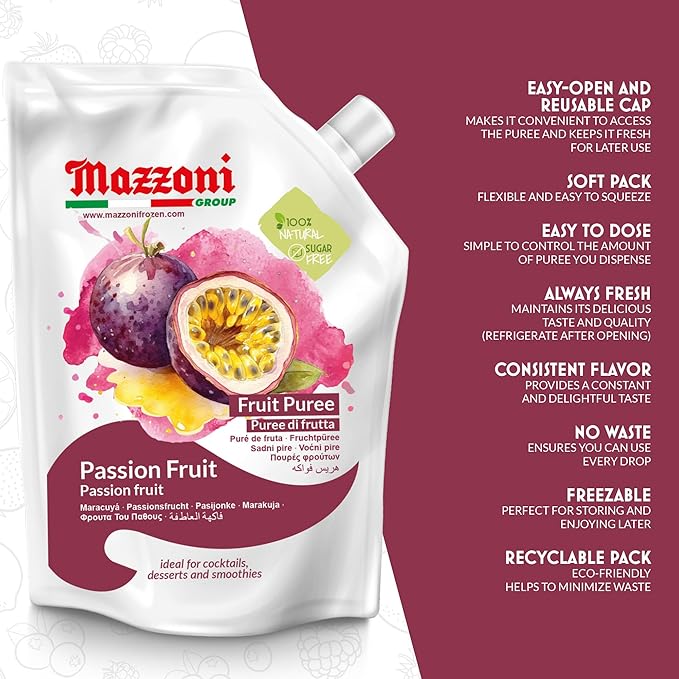 Mazzoni Passion Fruit Juice Puree, 100% Pure Passion Fruit, Maracuya, Just Fruit, No Sugar Added, 2.2 lbs (35.2 oz) Real Fruit Mixer for Cocktails, Smoothies, Drinks, Fruit Juice, Convenient Pouch, Made in Italy