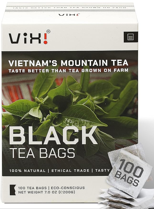 VIXI Black Tea Bags, 100 Counts, Vietnam's Mountain Tee, Ancient Tea Tree, Bold and Balanced Flavored, Caffeinated, Tagless, Asian, 100% Natural for Hot, Iced and Cold Brew