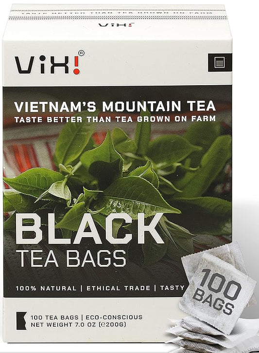 VIXI Black Tea Bags, 100 Counts, Vietnam's Mountain Tee, Ancient Tea Tree, Bold and Balanced Flavored, Caffeinated, Tagless, Asian, 100% Natural for Hot, Iced and Cold Brew
