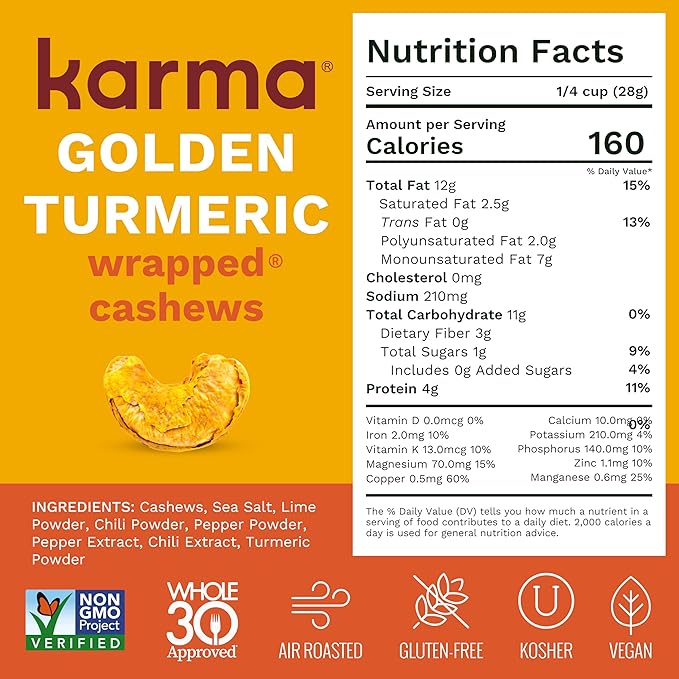 Golden Turmeric Wrapped Whole Cashews by Karma Nuts, Air Roasted with Natural Skins, 2X more Fiber, Whole 30, Peanut-Free Facility, Kosher, Everyday Nut Snack, 7oz Resealable Bag - 6 pack