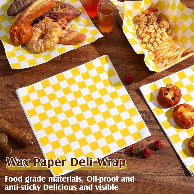 Honeydak 600 Pcs Sandwich Wrapping Paper Sheet 15x15 Checkered Food Wax Sheets Parchment Burgers Paper Basket Liner Grease Restaurant Wedding Party Supplies for Wrapping Bread BBQ