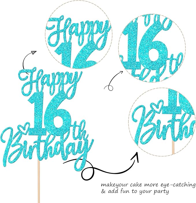 1 PCS Happy 16th Birthday Cake Topper Glitter Cheers to 16 Years Birthday Cake Pick Sixteen Sweet 16 Cake Decoration for Happy 16th Birthday Anniversary Theme Party Decorations Supplies Blue