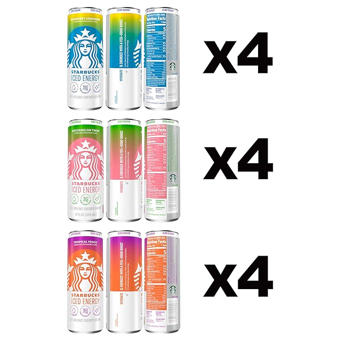 Starbucks Iced Energy Drink, 3 Flavor Variety Pack (Tropical Peach, Watermelon Splash, Blueberry Lemonade), Zero Sugar Energy Drink, Plant Based Caffeine, Hydration, Mental Clarity, 12 Fl Oz Cans (Pack of 12)