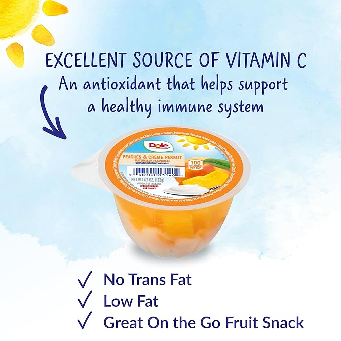 Dole Fruit Bowls Low Fat Peaches & Creme Parfait Snacks, 4.3oz 36 Total Cups, Gluten & Dairy Free, Bulk Lunch Snacks for Kids & Adults (Pack of 2)