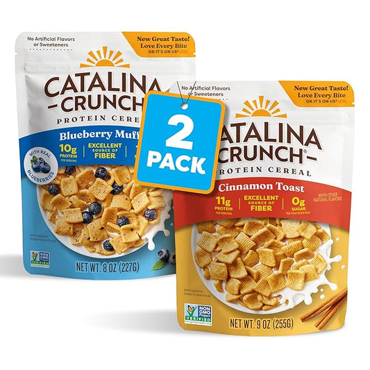 Catalina Crunch Protein Cereal | Sugar Free Breakfast Cereal with up to 11g of Protein | Gluten Free, Keto Friendly | Variety Pack Cinnamon Toast & Blueberry Muffin (Pack of 2)