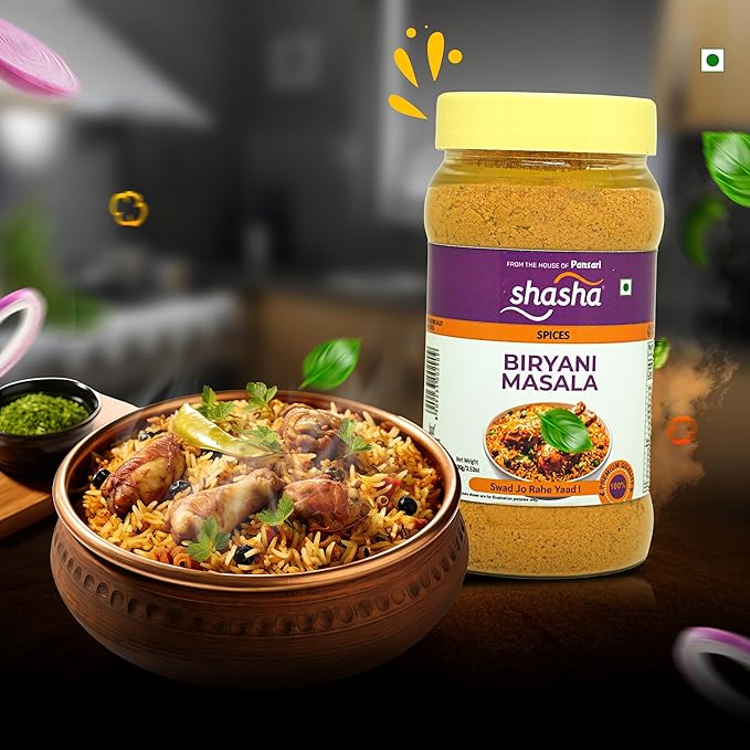 SHASHA Biryani Masala Seasoning Mix – 3.52 oz (Pack of 3) – Perfect for Chicken, Meat & Vegetable Biryani – Indian Cooking, Curry, Garam Masala – No Artificial Ingredients – Authentic Spice Jar for Flavorful Layered Rice