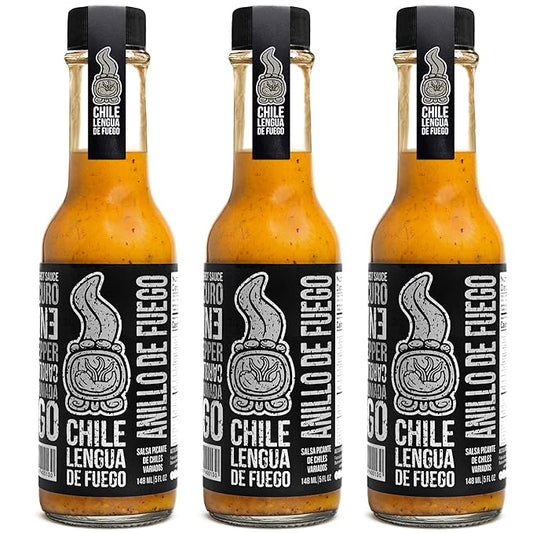 Hot Sauce | Chile Lengua de Fuego (Pack of 3, Anillo de Fuego) – Ultra-Hot Gourmet Sauce with Carolina Reaper, Honey, Rum & Fresh Dill