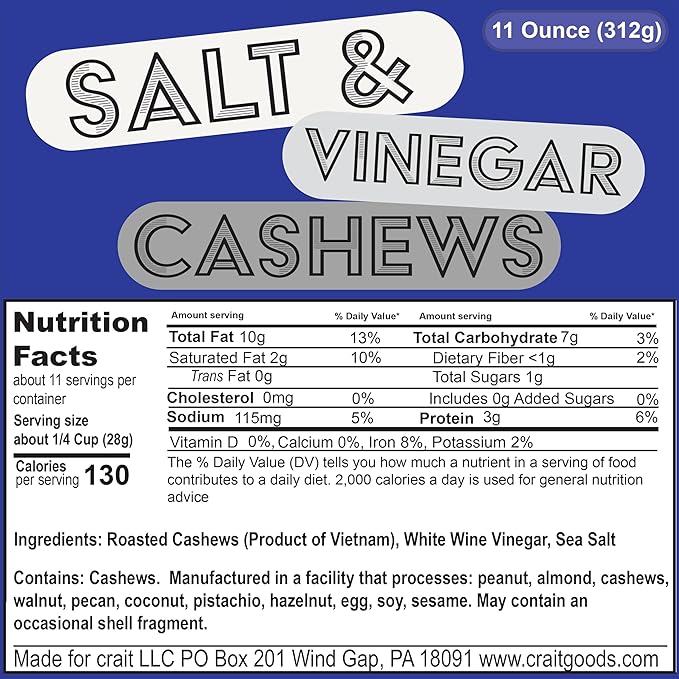 Salt & Vinegar Cashews, Flavored Cashew Splits, Clean Ingredient Flavored Nuts, 11 Ounce Resealable Bag