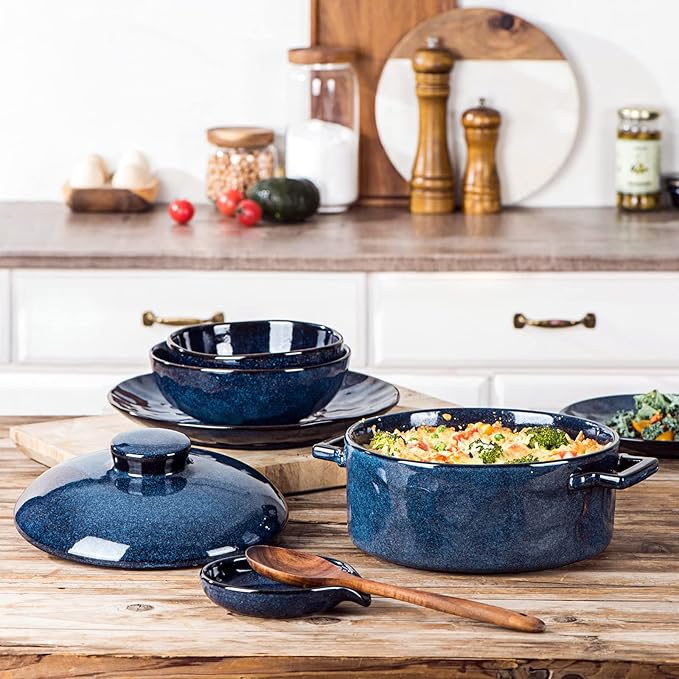 Vicrays Casserole Dish with Lid - Ceramic Lasagna Pan Deep 2 Quart Round Baking Dishes Covered Bakeware for Oven Safe Serving Dish with Handles for Party Dinner Banquet Daily Use (Blue)