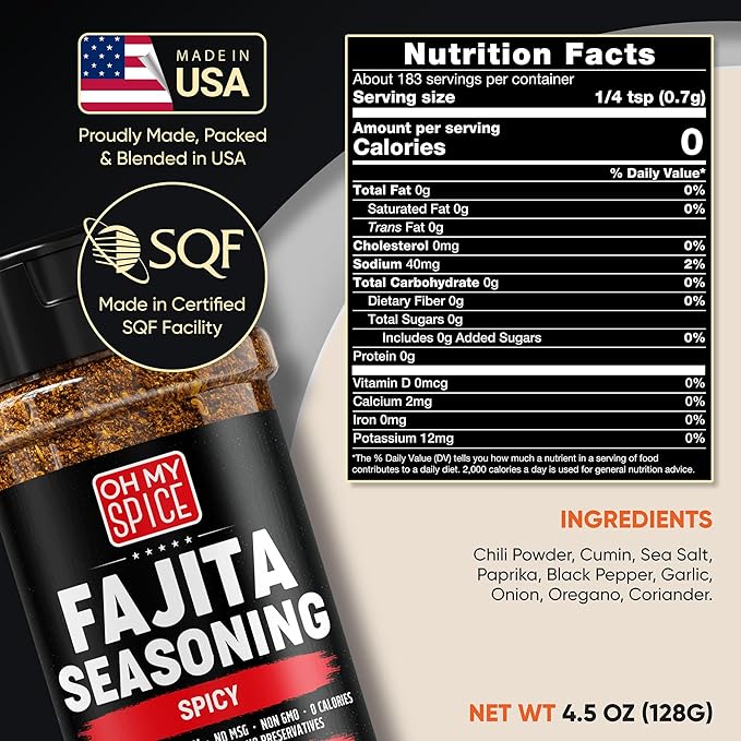 Fajita Seasoning Mix Spicy Chili Powder - Gluten Free & Low Sodium Mexican Seasoning Blend for Meat, Vegetables, Steak & Chicken Fajita. Taco Seasonings Mix Spices. Hot Fajitas Seasonings Spice. 4.5oz