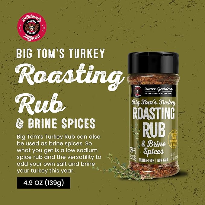 Sauce Goddess Big Tom's Turkey Roasting Rub and Brine Spices - Gluten-Free, Seasonings and Spices for Cooking Turkey and Prime Rib Seasonings - Net Wt. 5.2 oz